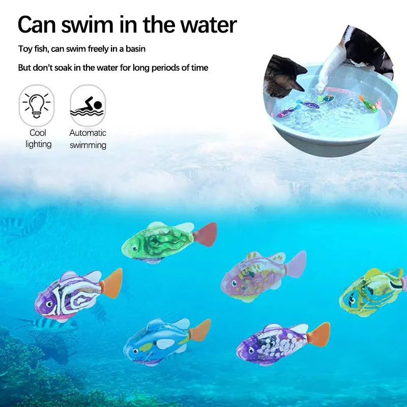 Electric swimming fish toy with LED lights and moving fins, 7.5cm plastic body, available in 8 colours, for pets and babies.