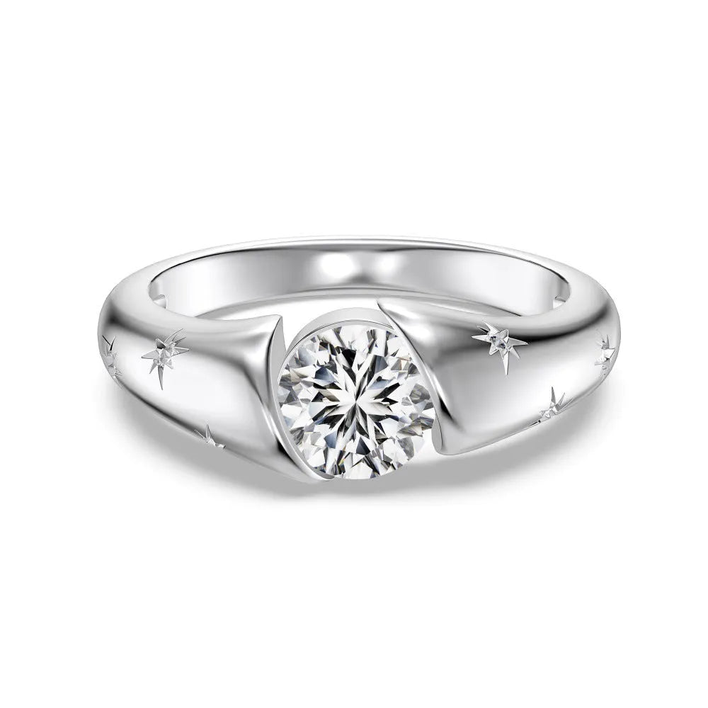 Silver round ring with glossy electroplated finish on display