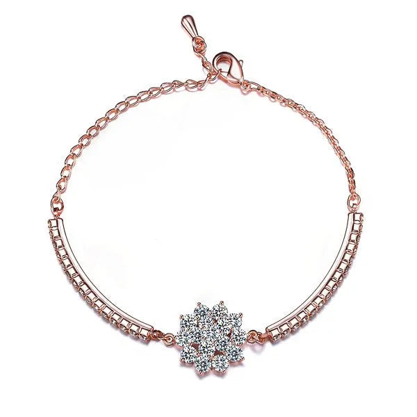 Rose gold cubic zirconia bracelet for women with adjustable 13-19cm length and cross, crown or Roman numeral design.