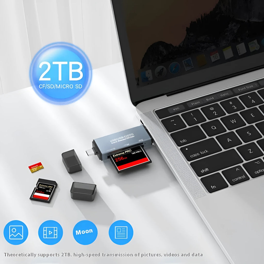 CF SD TF three-in-one aluminium alloy USB card reader shown with dimensions