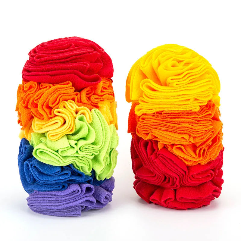 Dog snuffle pad made from polar fleece in rainbow colour, size 25x15cm, with treats hidden in fleece strips
