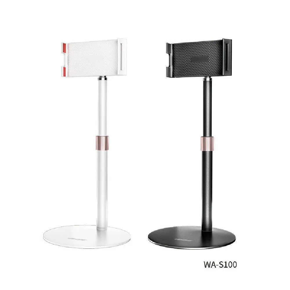 Adjustable metal lifting tablet bracket with white ABS clamp extended on a dark surface.