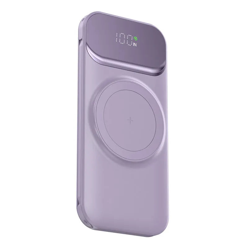 Magnetic portable wireless charging power bank 10000mAh in white, pink, black, green, and purple, 150 x 70 x 20mm, with data cable.