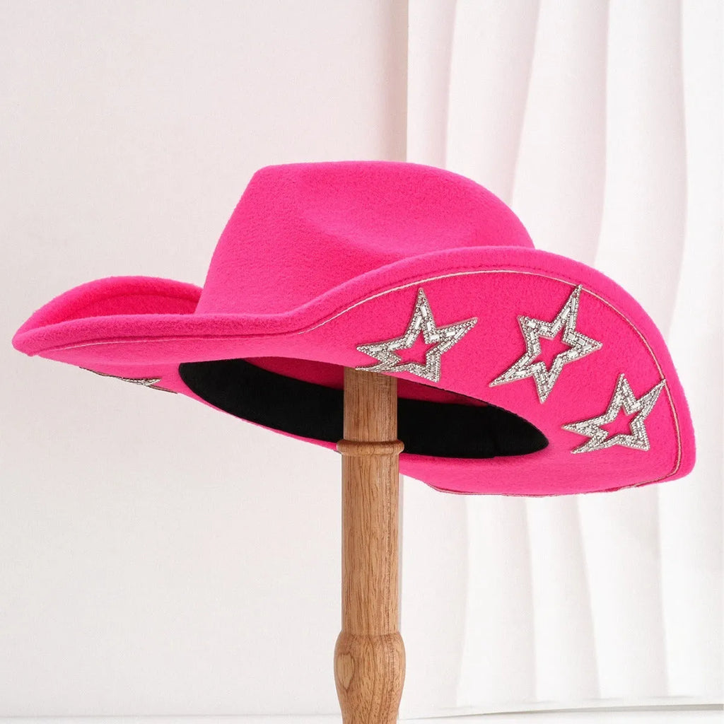 Beige polyester felt western-style top hat with a conical crown and a hexagonal star decoration on the front.
