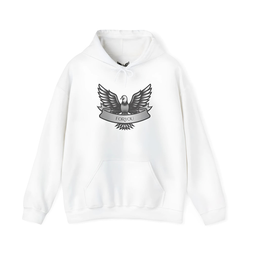 White unisex cotton blend hooded pullover showing front view.
