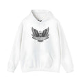 White unisex cotton blend hooded pullover showing front view.