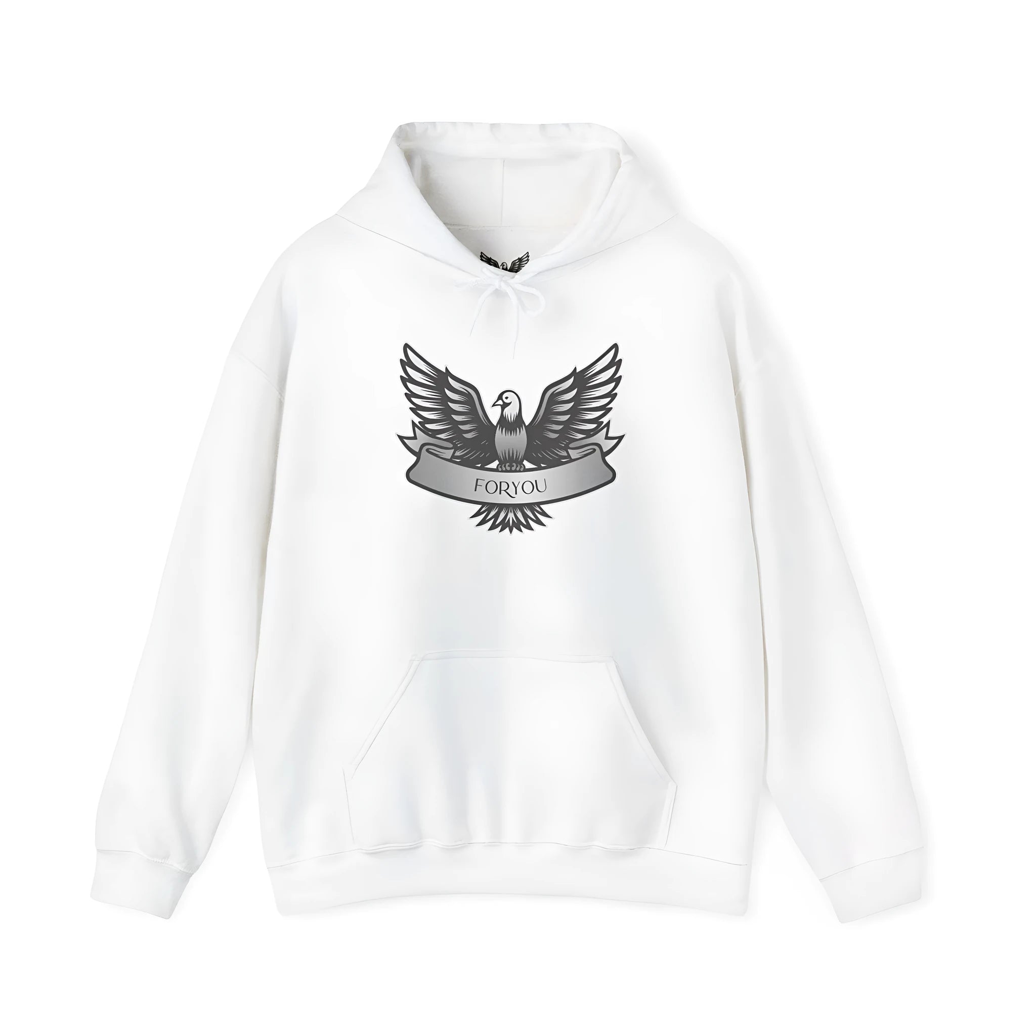 White unisex cotton blend hooded pullover showing front view.