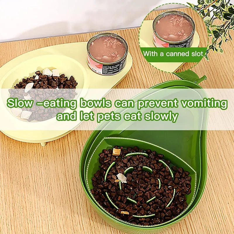 Green avocado-shaped automatic cat water dispenser and food bowl with slow feeder insert