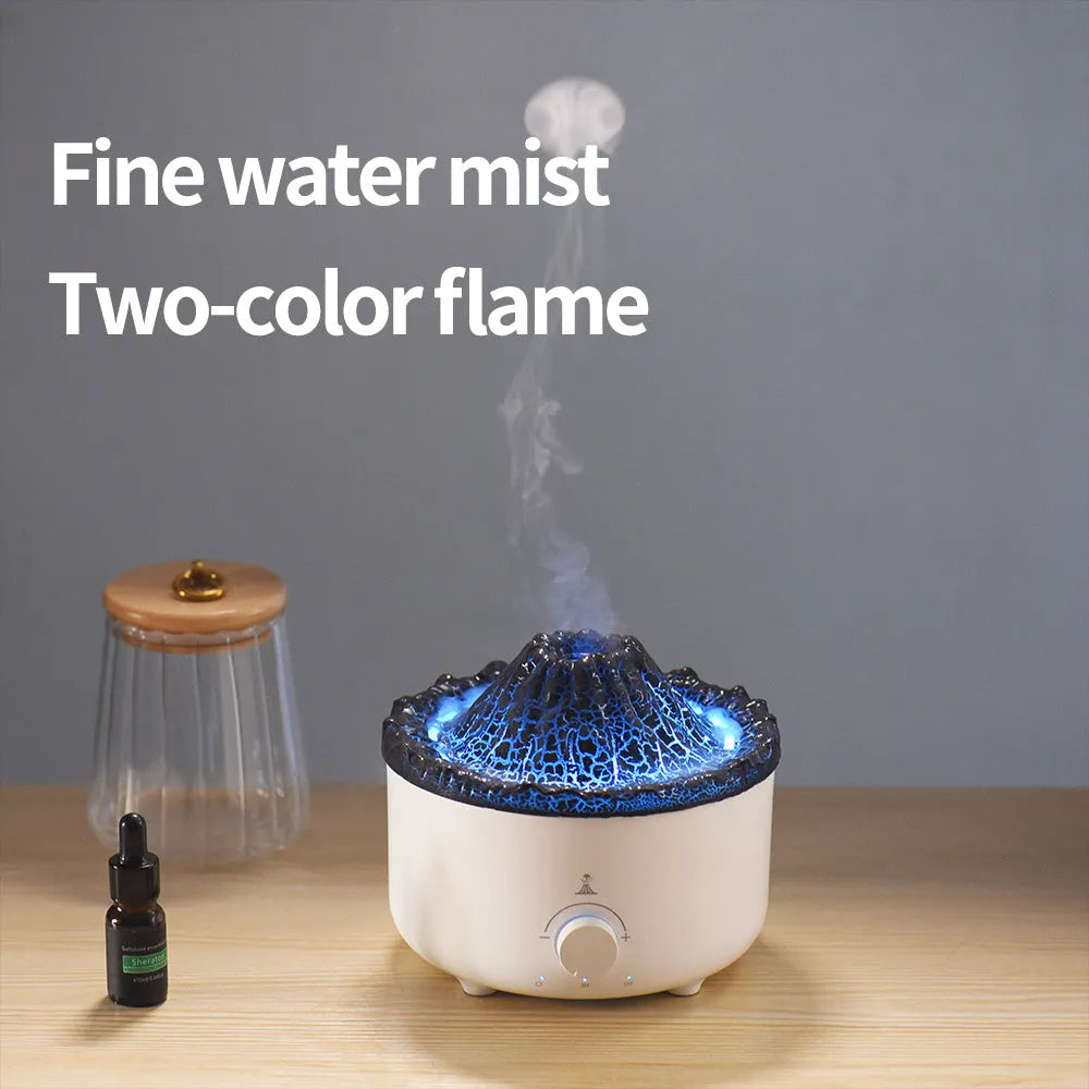 White simulated flame volcano humidifier diffuser with remote control on tabletop