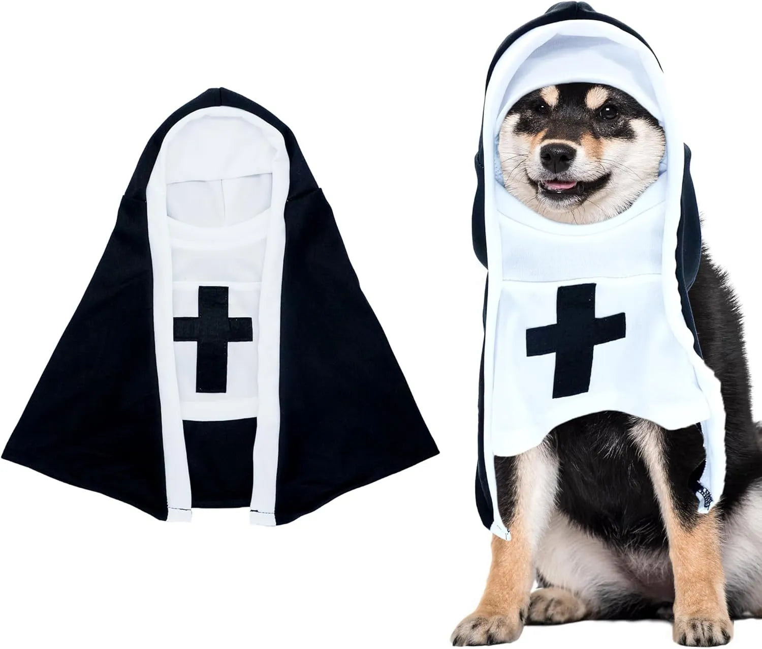 Black and white nun cloak costume for a small dog on a mannequin