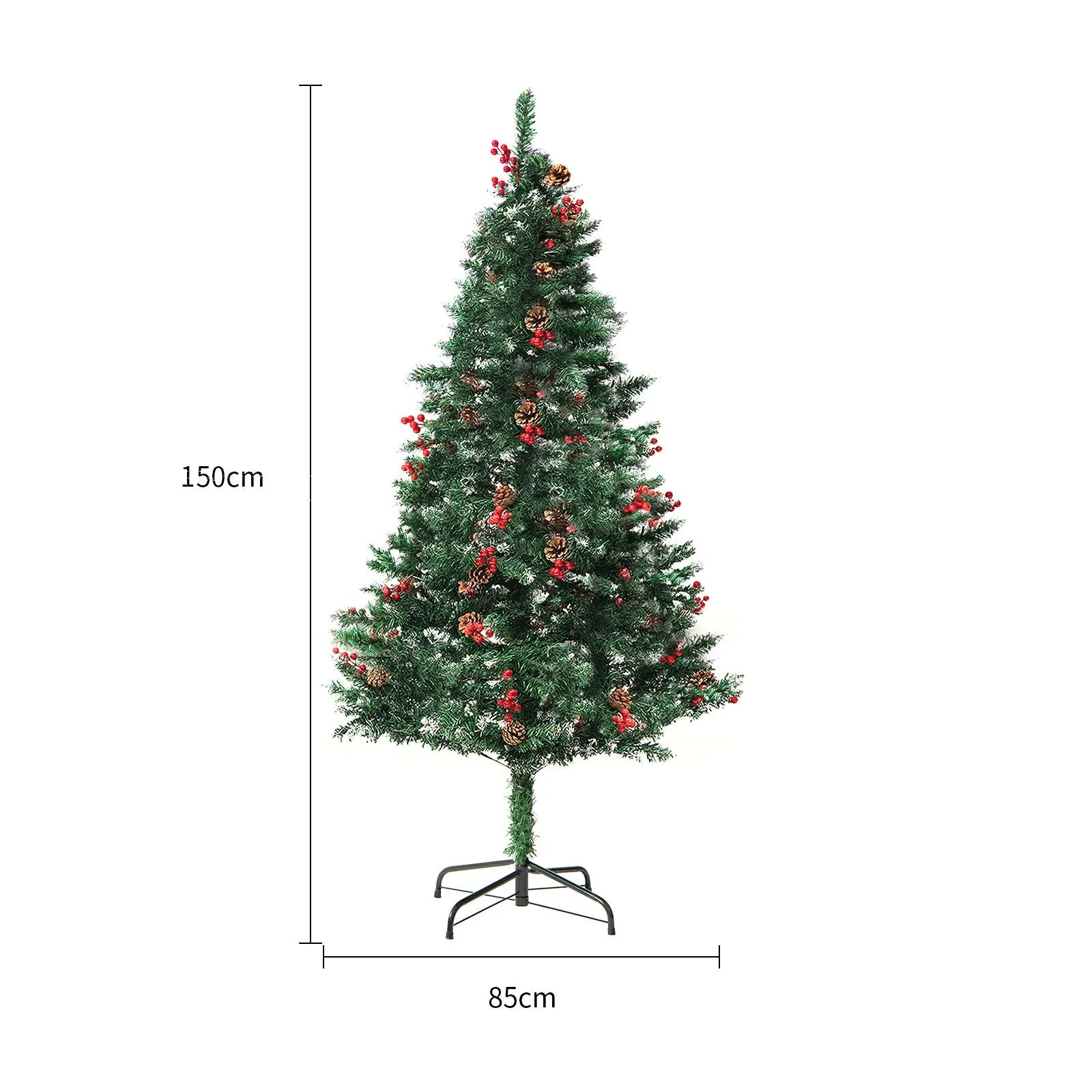 Green and white PVC artificial snow Christmas tree with metal stand in 150cm, 180cm, and 230cm sizes.