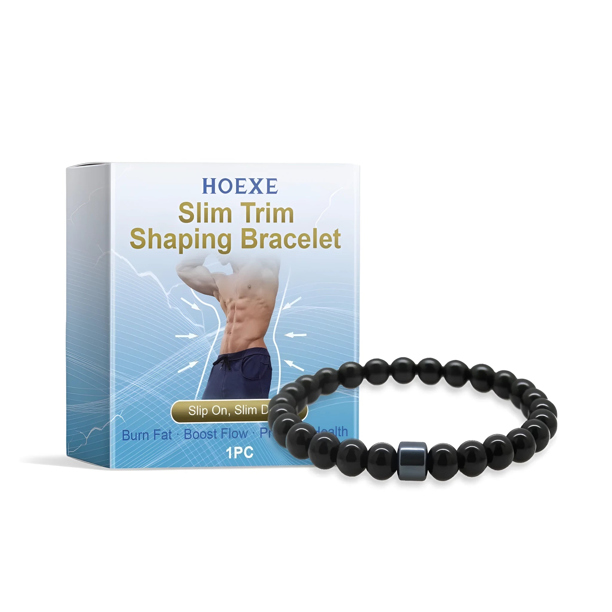 Men's glass body shaping wristband with black gallstone accents on a wrist.