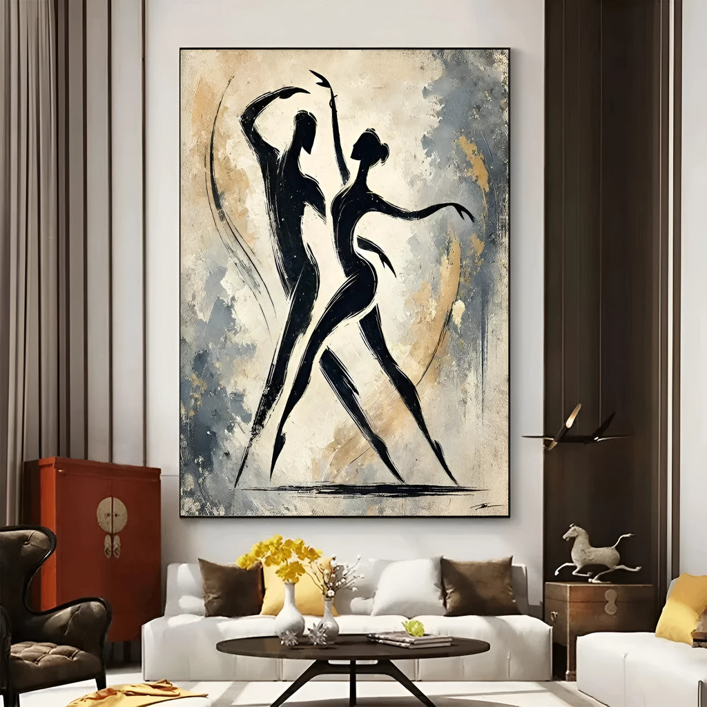 Hand-painted characters abstract oil painting on canvas, vertical unframed wall art for home rooms.