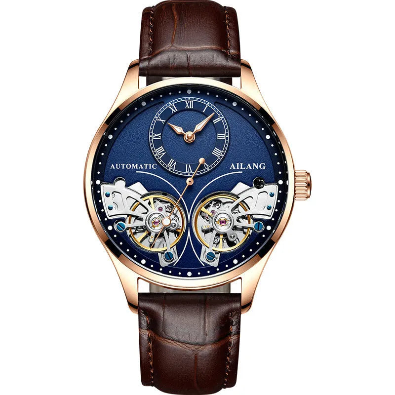Men's automatic watch with tourbillon and moon phase on a metal case with a black dial.