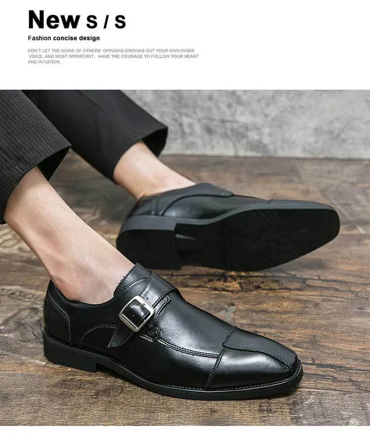 Men's brown blue and black retro buckle leather shoes with tall crown design