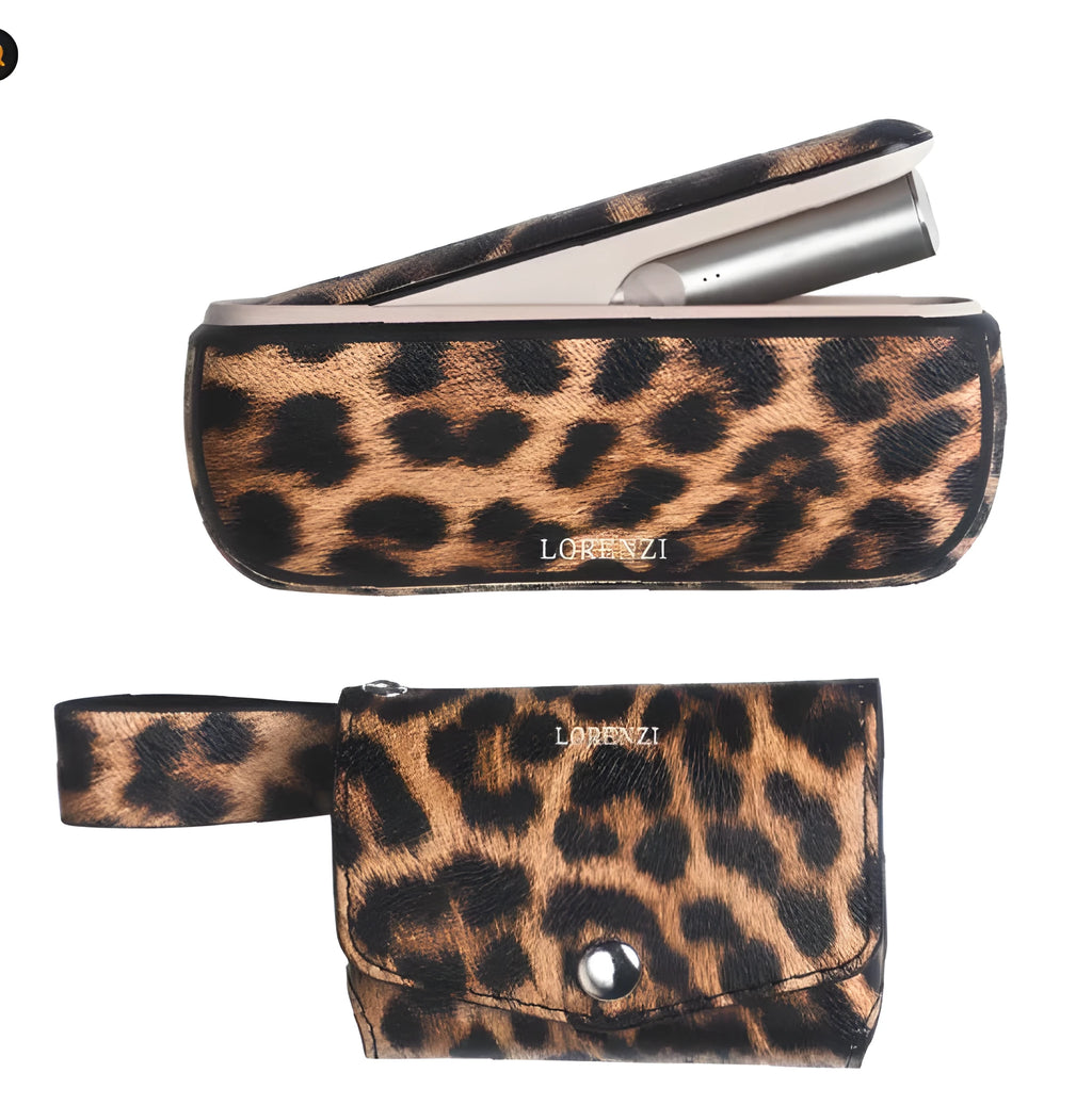 Leopard print and yellow soft fabric storage bags for cosmetic brushes with zip closure.