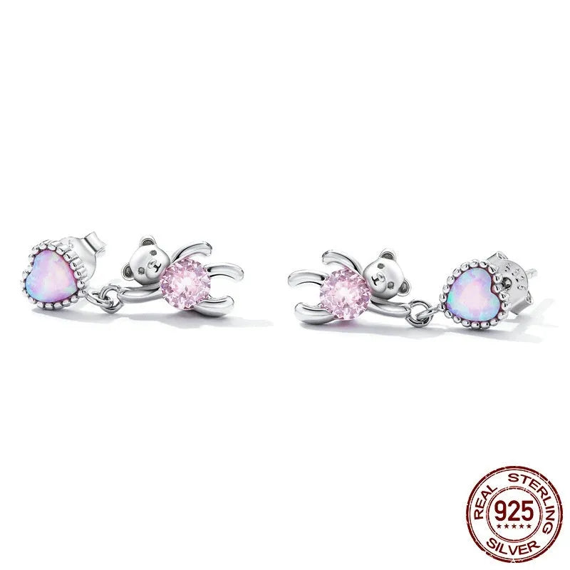 Love Bear S925 silver ear studs for women, 1.8cm height, animal motif earrings on model