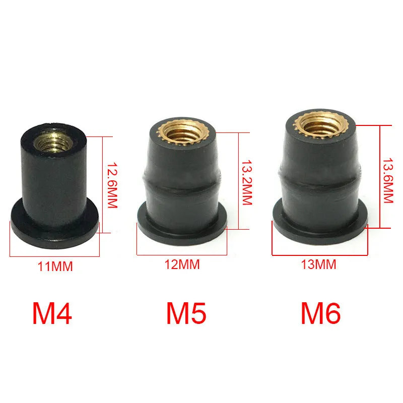 Black motorcycle well nut fasteners with brass threads in M4, M5, and M6 sizes for panel mounting.