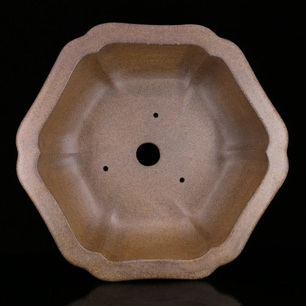 Handcrafted large hexagonal purple sand bonsai pot with five visible drainage holes.