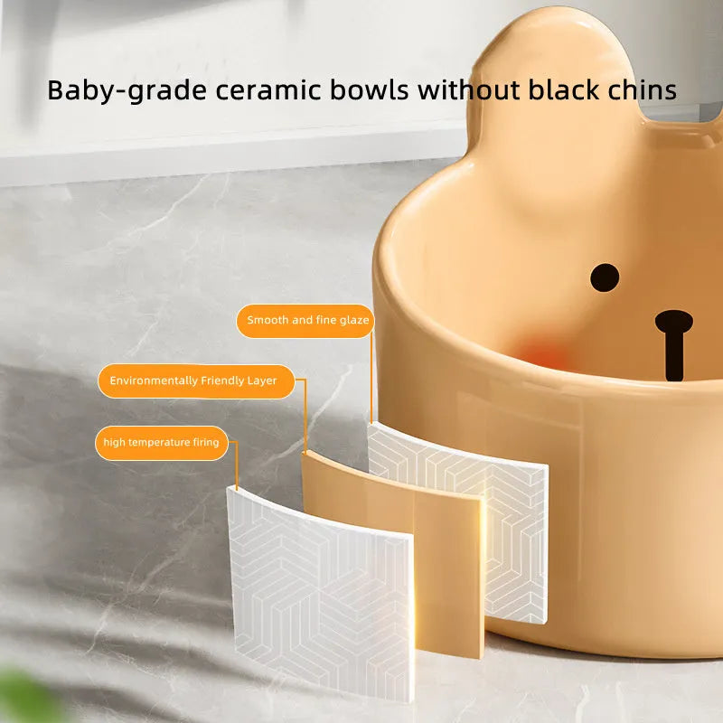 Ceramic pet feeding bowl set with neck protection design in white and brown animal patterns
