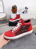 Men's black genuine leather high top skeleton shoes with lace-up front on a white background