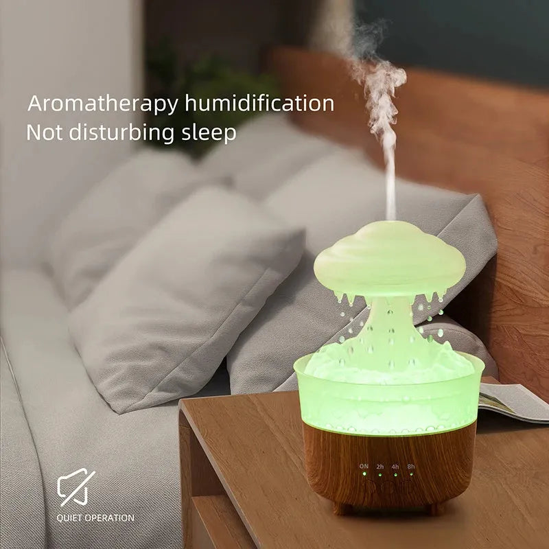 Wood grain white column-shaped rain cloud humidifier diffuser with colourful LED night light