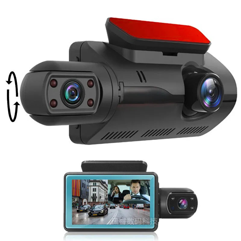 Black 3-inch dual lens driving recorder on-board camera with button controls and motion detection
