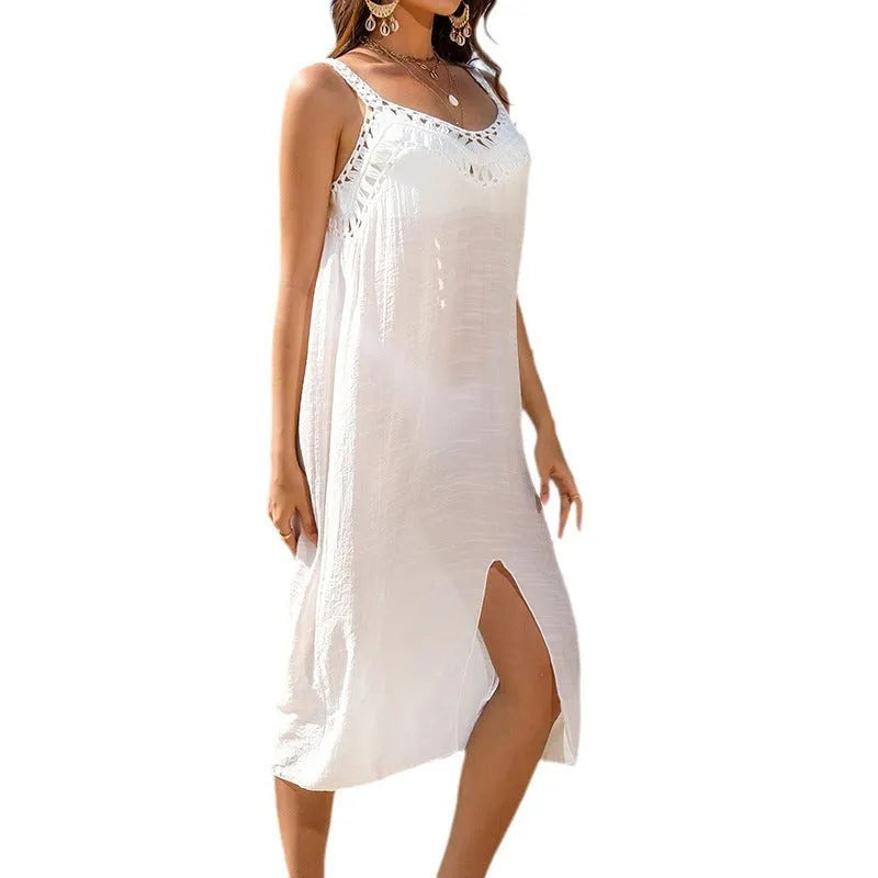 White women's suspender beach dress with crochet weaving and a side slit