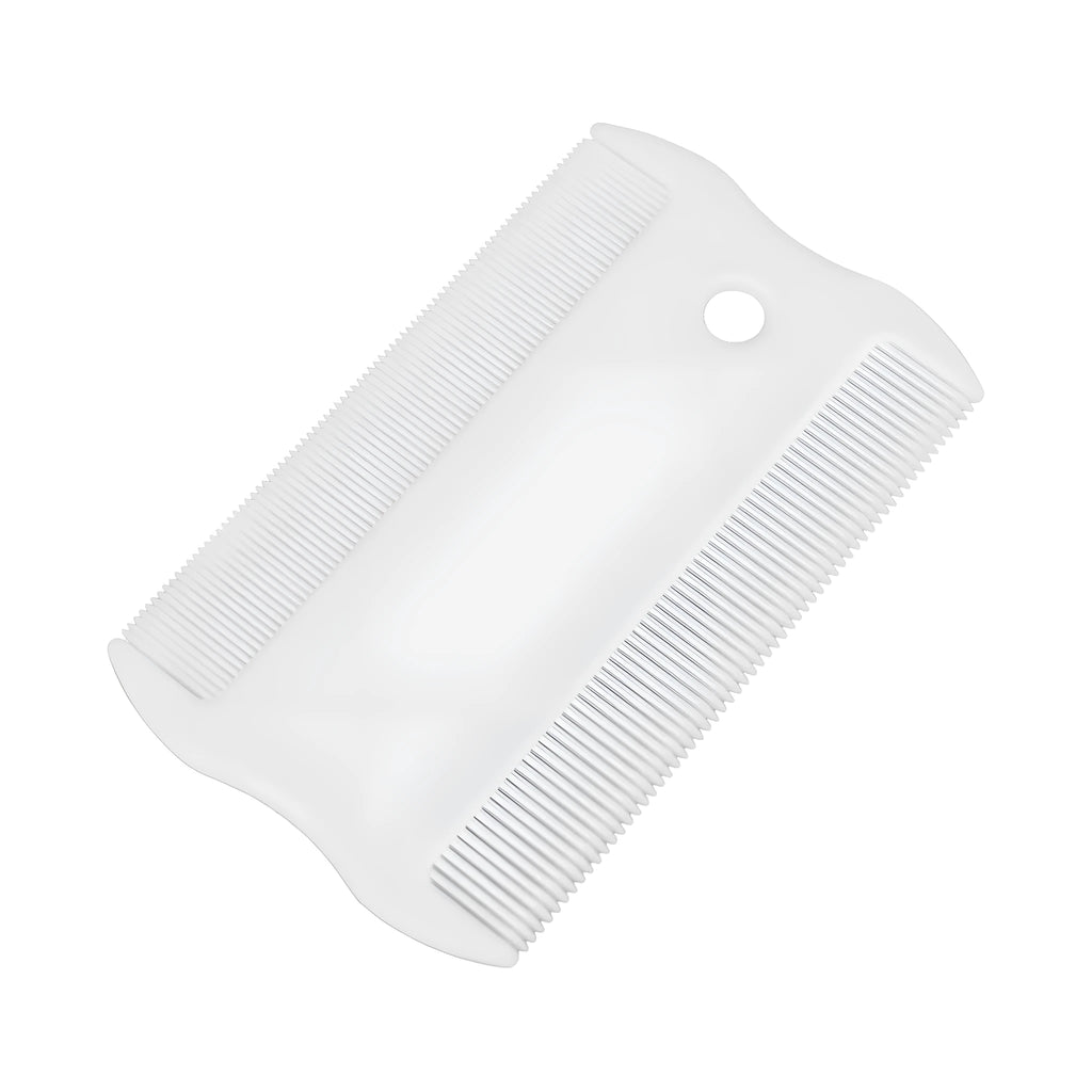 Double-sided plastic flea comb and a small separate face comb for pet grooming.