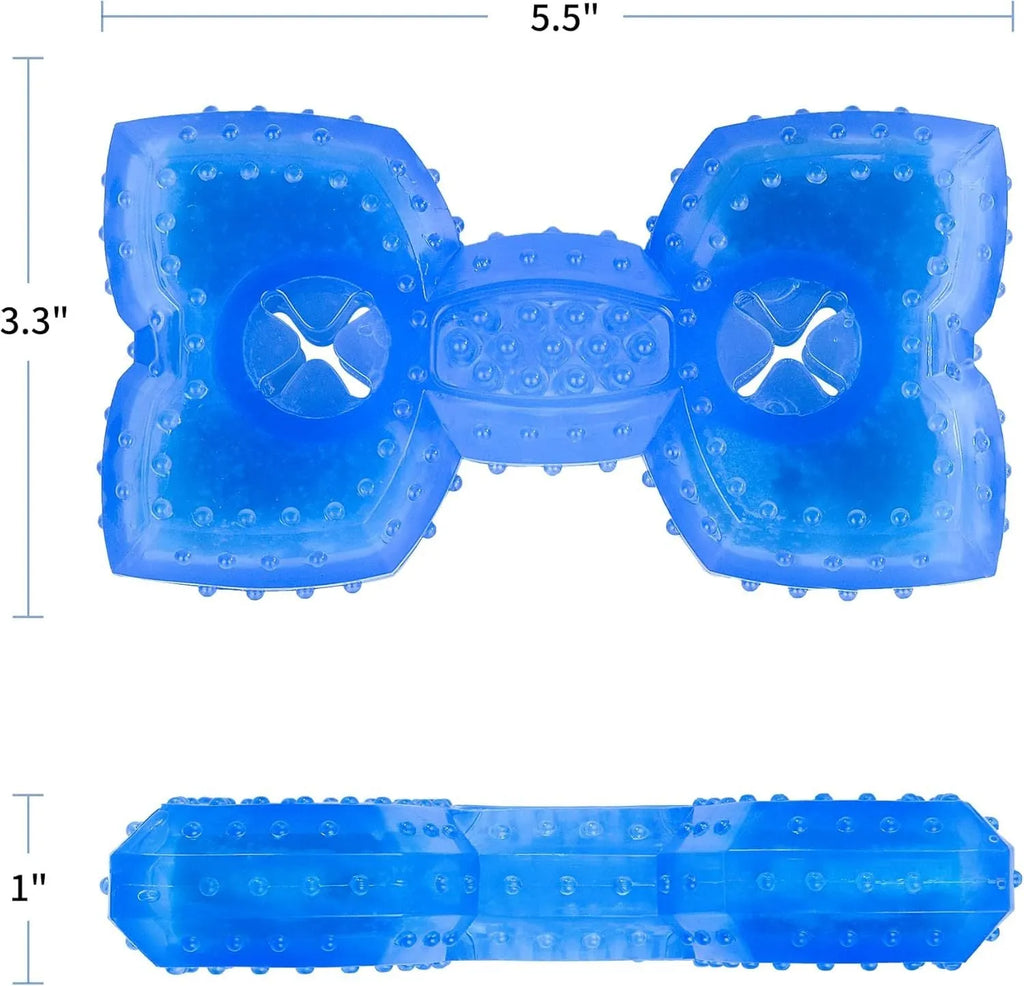 Freezable dog chew toy in bone and circle shapes, non-toxic with cooling water core