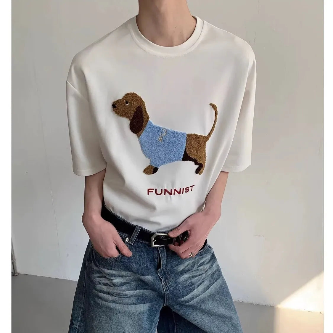 Mens grey cotton T-shirt with embroidered sausage dog towel design on front