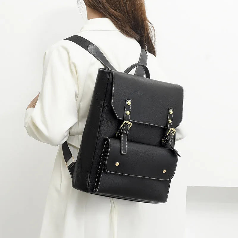 Korean style retro backpack in soft PU leather showing ventilation features and retro design elements