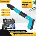 Mini ceiling nail gun with side exhaust, 25mm nail length, and green toolbox