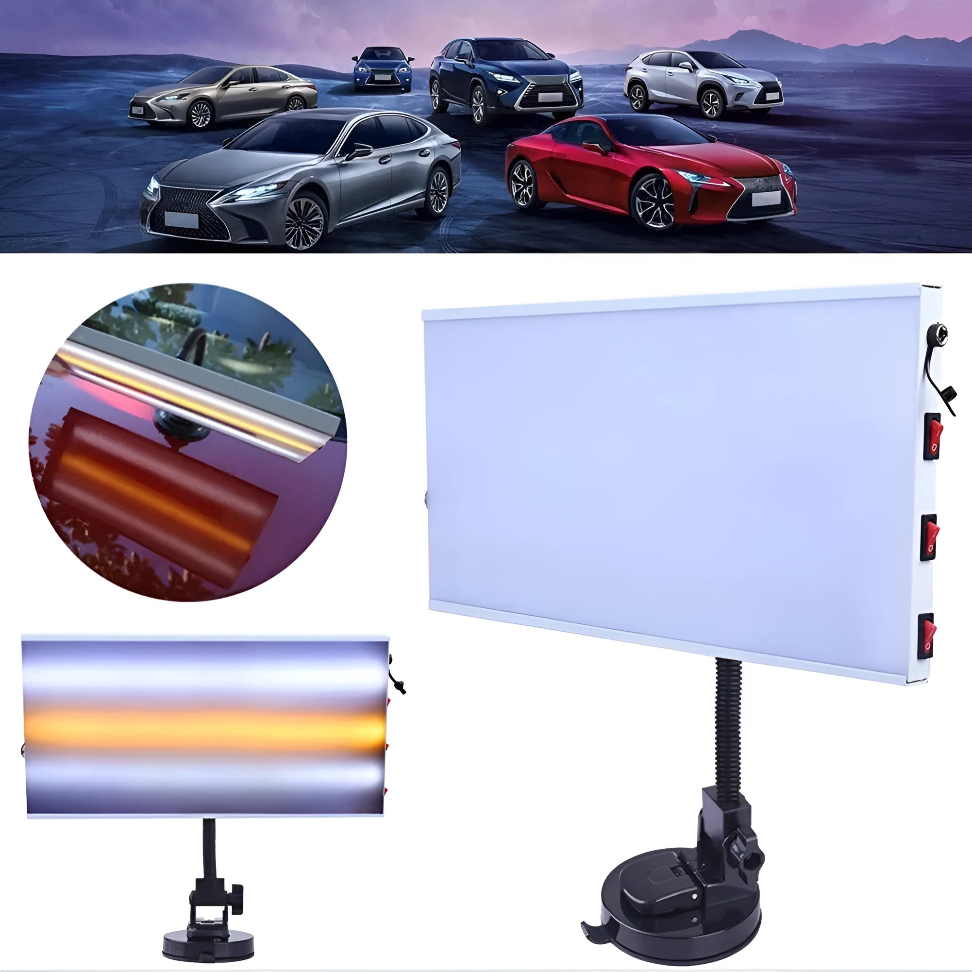 White car dent repair detector kit with concave inspection light for automotive bodywork