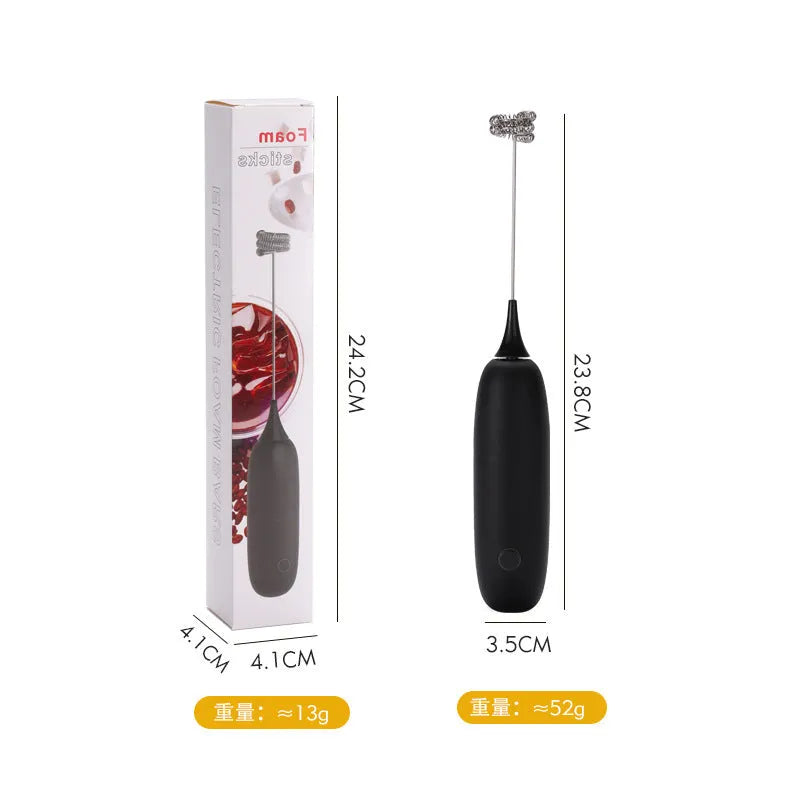Electric hand-held milk frother blender in black and white colour options on a kitchen counter.