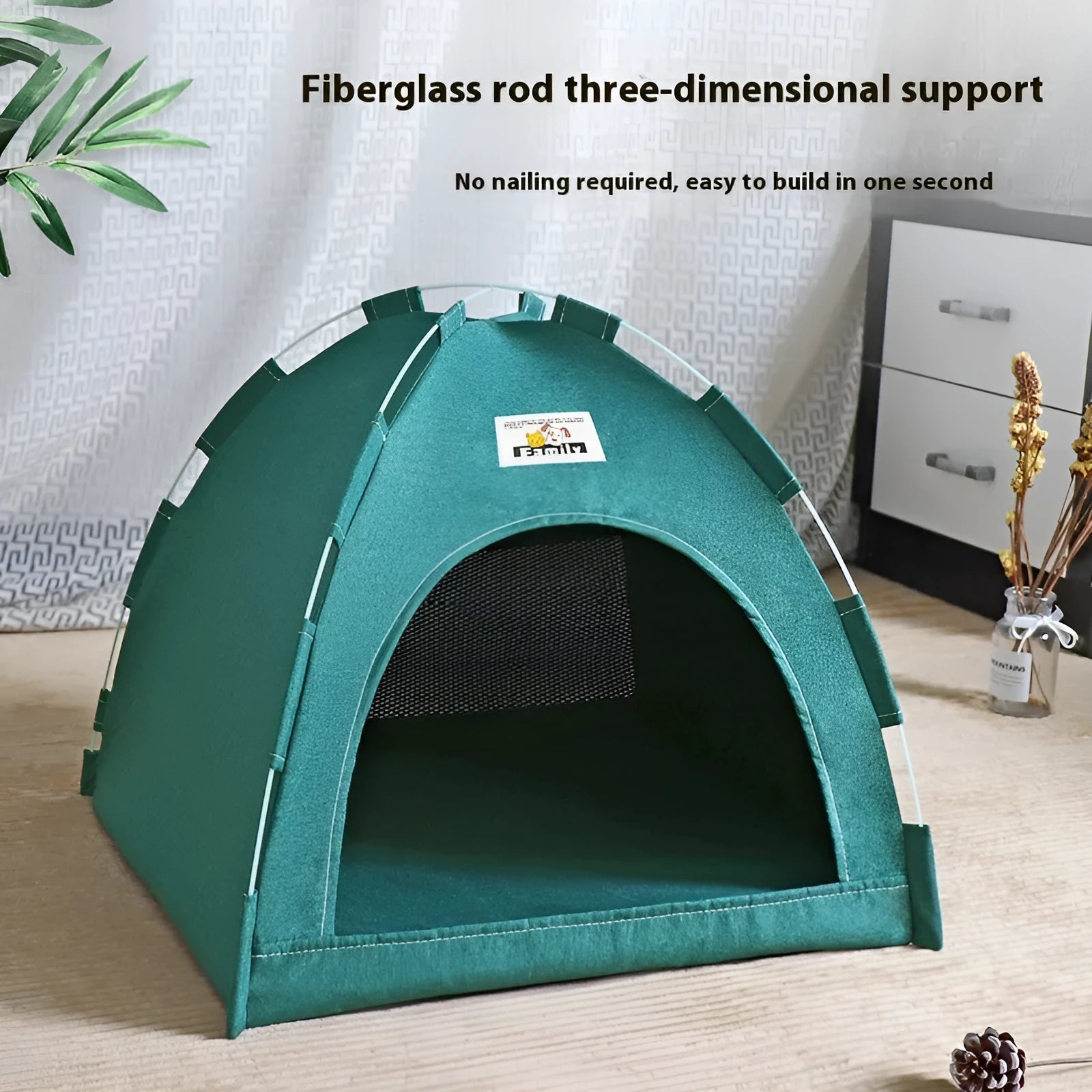 Grey linen-like fabric cat nest tent bed for a small dog with a removable cover.