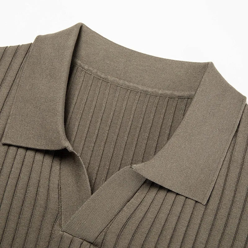 Men's striped mulberry silk T-shirt with lapel collar in multiple colours