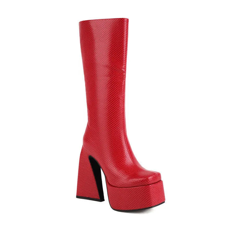 Women's black casual high boots with round toe and artificial PU leather upper, shown from the side.