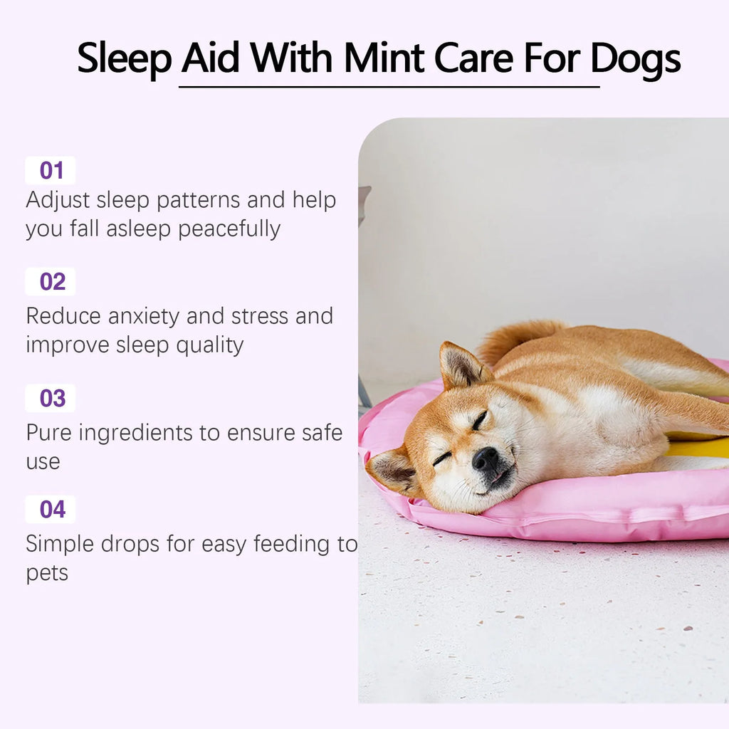 60ml bottle of dog calming sleep drops with a dropper, measuring 12cm tall.
