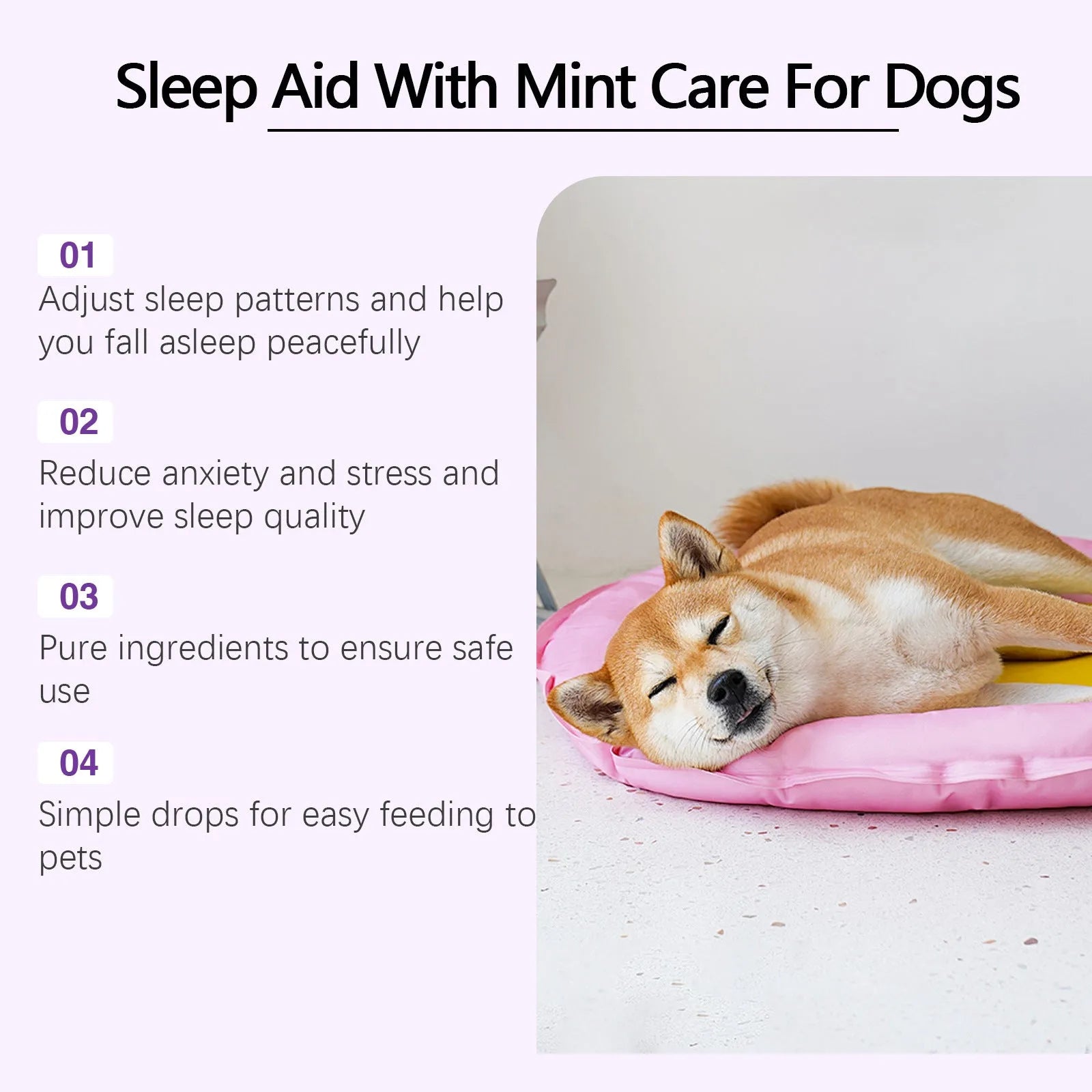 60ml bottle of dog calming sleep drops with a dropper, measuring 12cm tall.