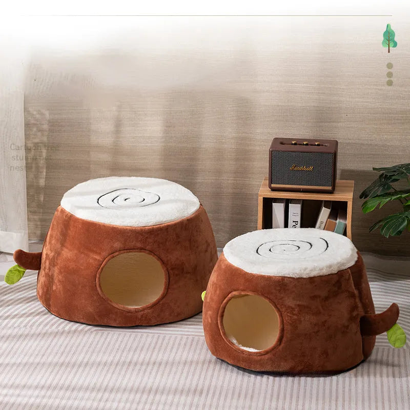 Four Season Universal Relief Pet Cat Nest in tree stump style with door, made from artificial rattan