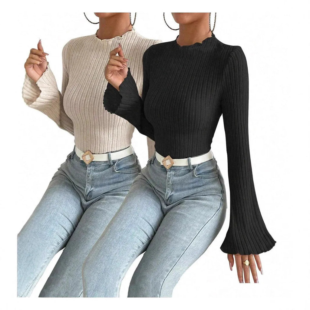 Khaki long sleeve pullover top with a round neck, lantern sleeves, and a brushed sunken stripe texture.