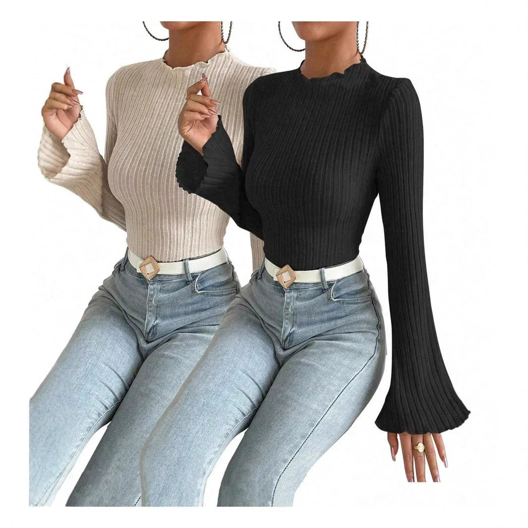 Khaki long sleeve pullover top with a round neck, lantern sleeves, and a brushed sunken stripe texture.
