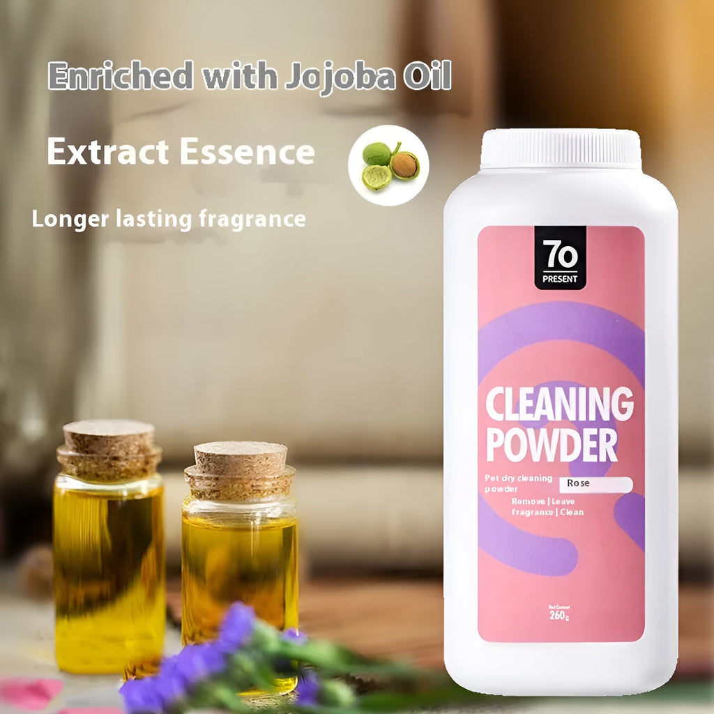 260g jar of waterless dog dry cleaning powder with three scent options
