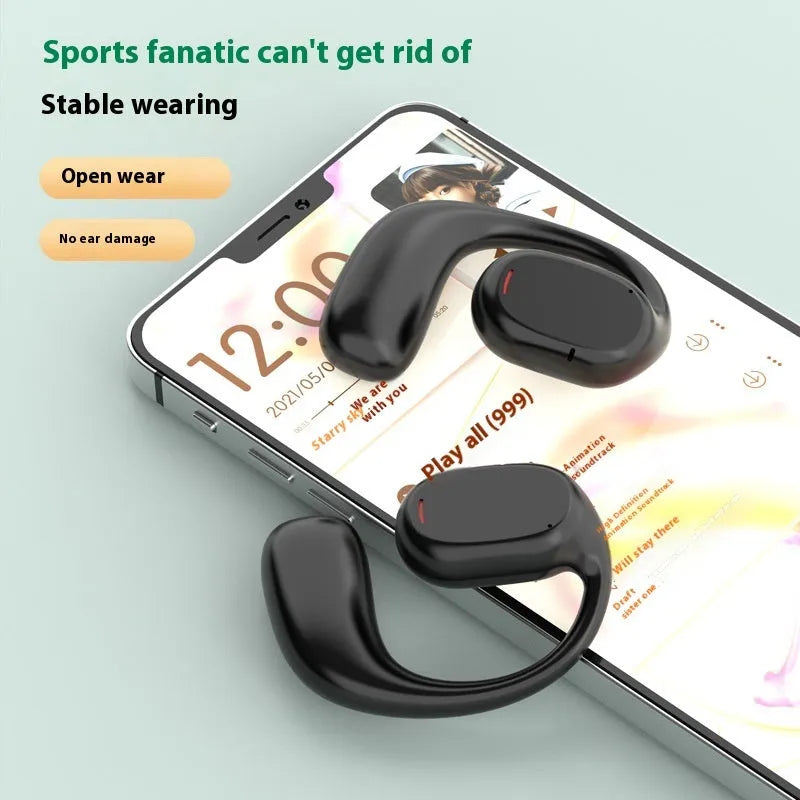 Fashion wireless ear hook Bluetooth headset in black plastic with USB charging cable
