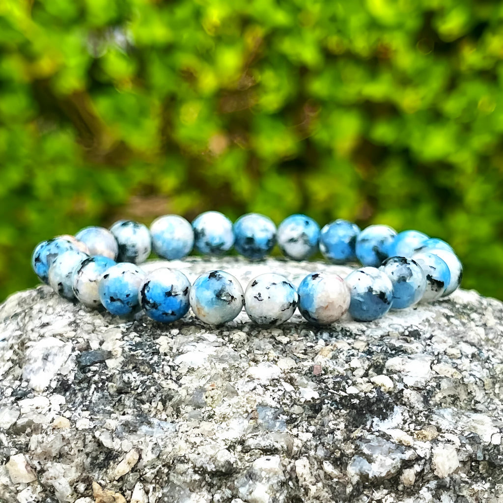 Handmade K2 Azurite stone bracelet with geometric beading in blue-green colour