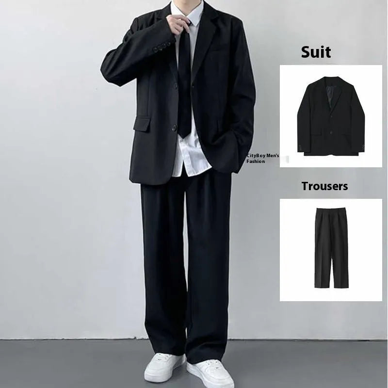 Plus size men in a navy college style suit set with white shirt and tie, showing loose fit.