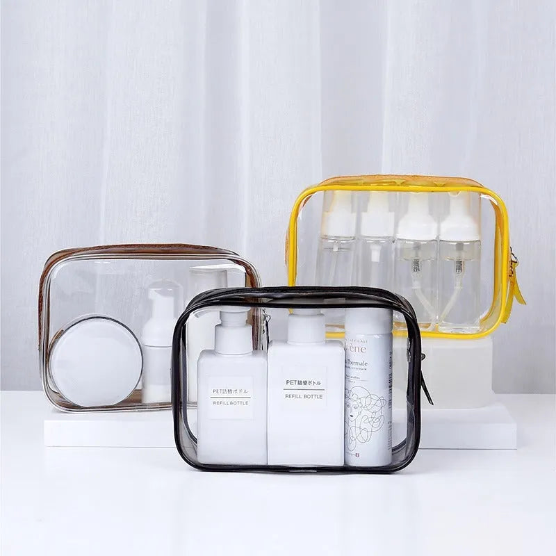 PVC transparent makeup bag set showing three semi-transparent bags in L and XL sizes