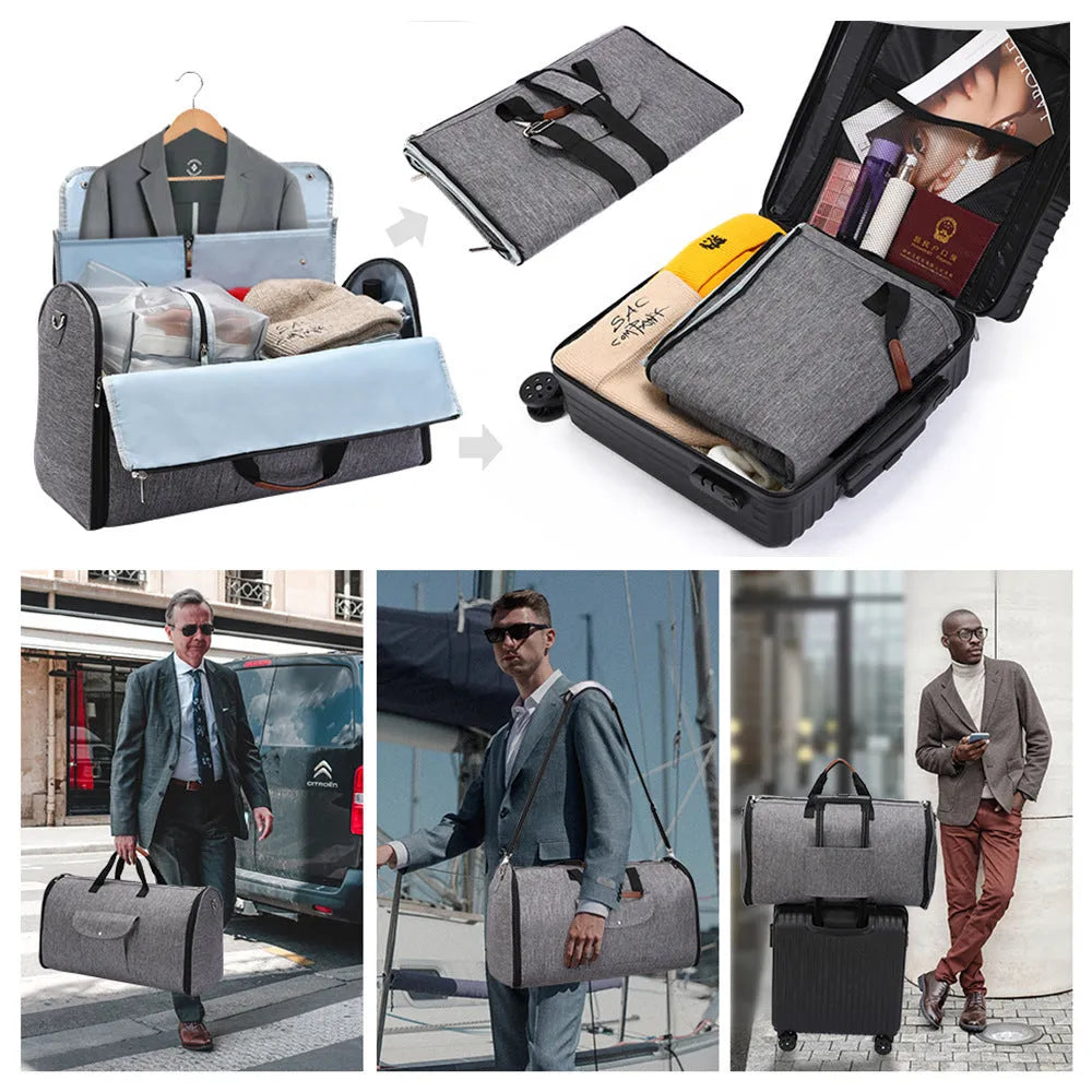 Dark blue Oxford cloth duffel bag with side handle and adjustable shoulder strap.