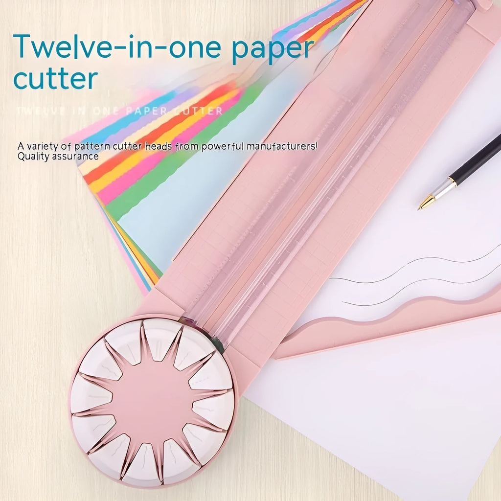 Pink and black 12-in-1 plastic paper cutting machine with dotted guides for A4 paper